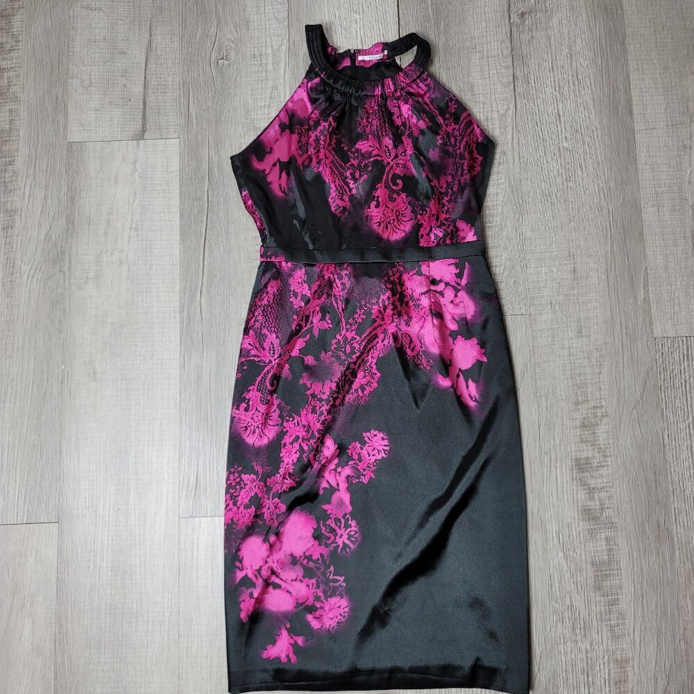 T Tahari Vintage Y2K Black & Magenta Halter Neck Floral Women's Dress | Size 4